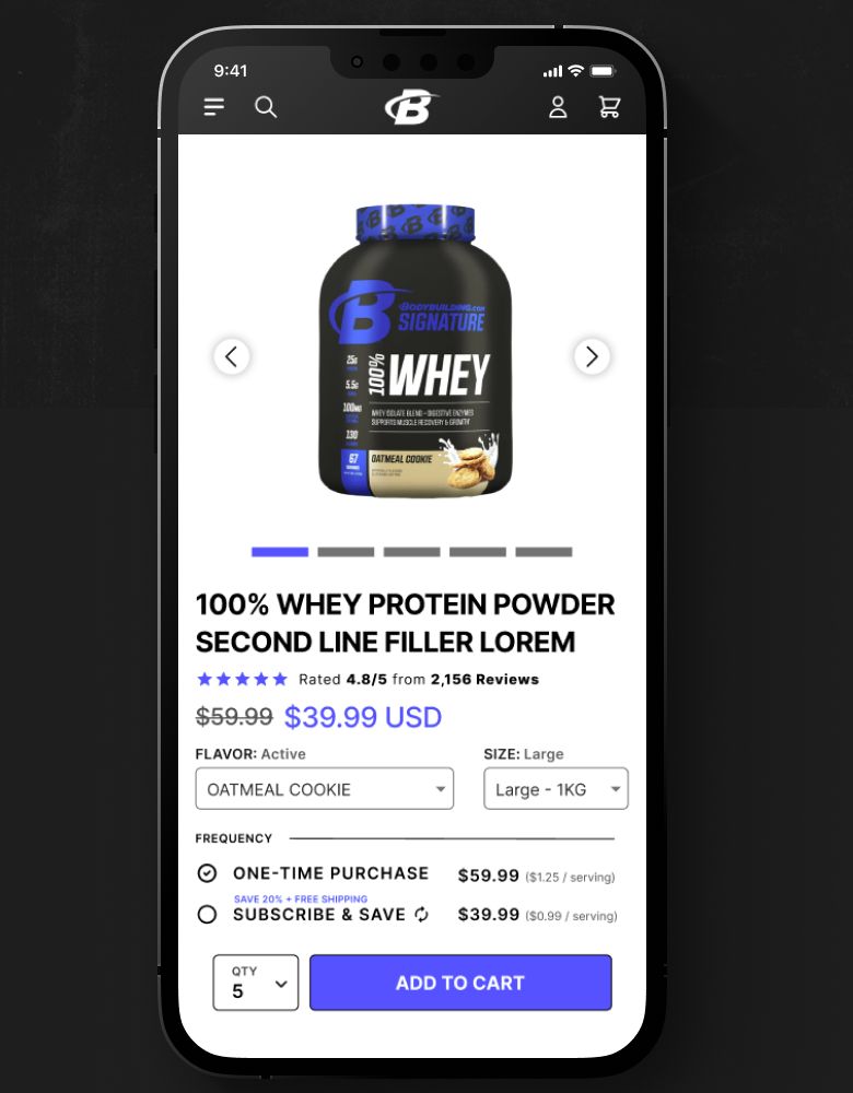 Bodybuilding.com product page on a phone: product image, price, flavour and size pickers, and an add to cart button.