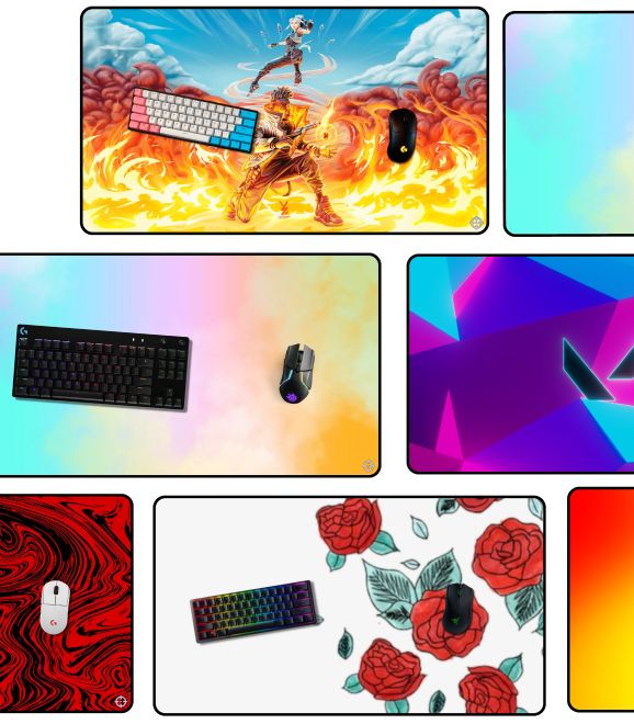A collage of FAIM desk mats with bright illustrated designs.