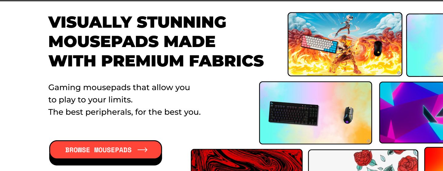 FAIM storefront hero with a headline and a grid of colourful illustrated mousepads.