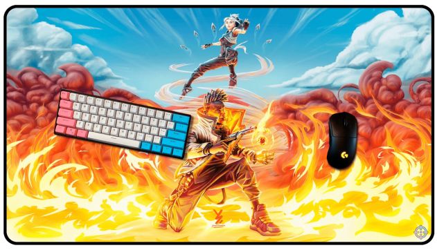 FAIM desk mat with a fiery illustrated battle scene.