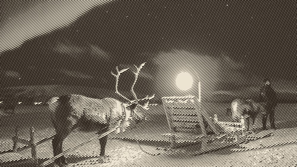 Engraved from his photo: reindeer harnessed to a sled with a lit lantern, under a sky full of northern lights, a person standing beside the herd.