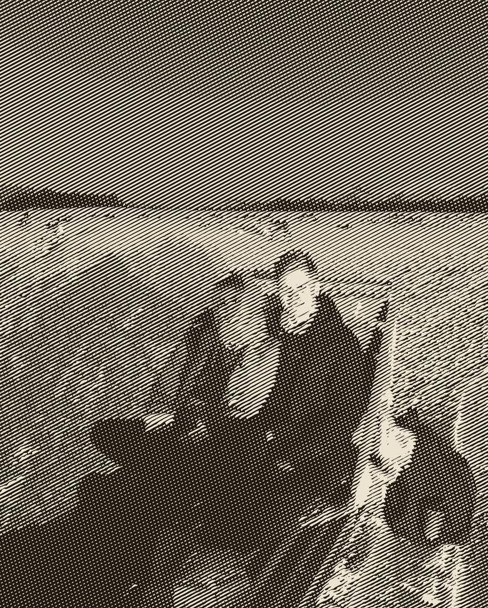 Engraved from his photo: Joakim on a reindeer sled under the polar-night sky, the herd on the snow behind.