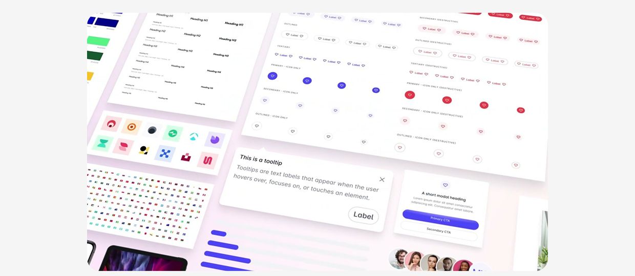 Shipfaster design system components: headings, buttons in several states, icons, a tooltip and a modal.