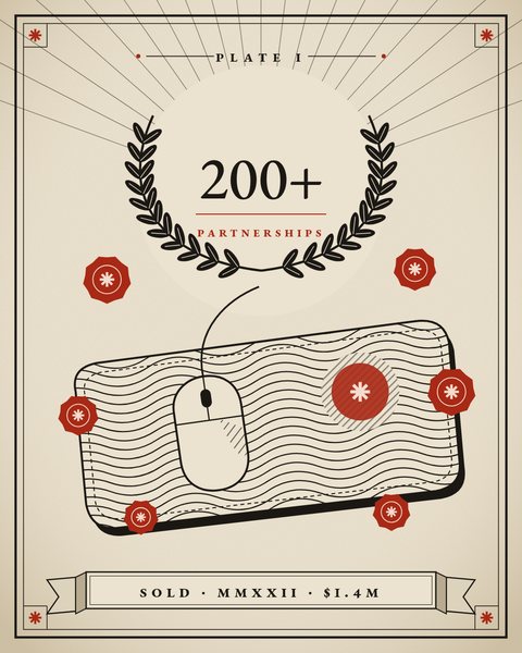 Engraved plate: a FAIM mousepad and mouse, ringed by red partnership seals, under a laurel reading 200+ partnerships.