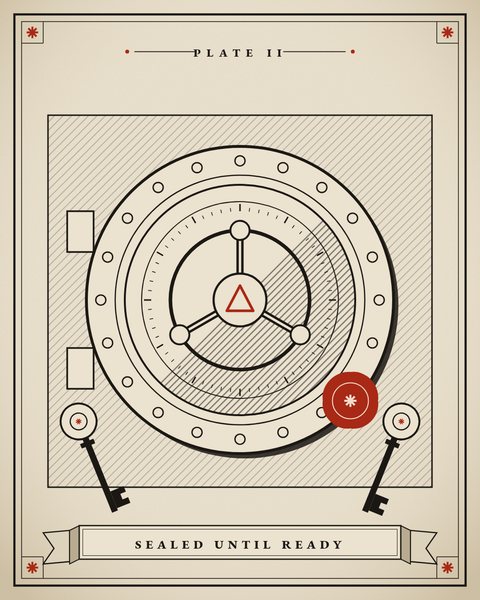 Engraved plate: a round vault door with a spoked handle and a red wax seal, two crossed keys below.