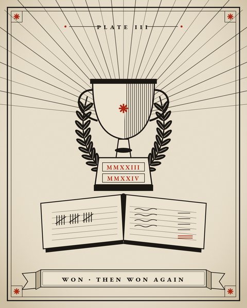 Engraved plate: a two-handled trophy marked 2023 and 2024 standing on an open sales ledger, laurels behind.
