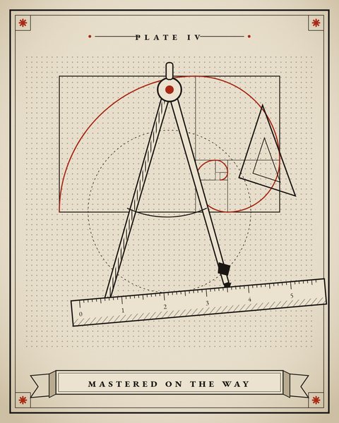 Engraved plate: a drafting compass over a golden-ratio construction, with a ruler and a set square.