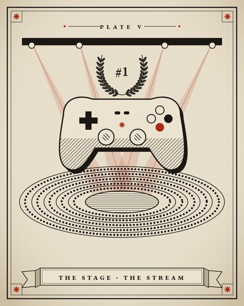 Engraved plate: a game controller above an arena bowl, stage lights crossing, a laurel marked number one.
