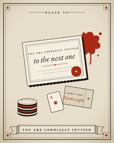 Engraved plate: an invitation card with a wax seal, a red paintball splat, poker chips, a playing card and a ticket.
