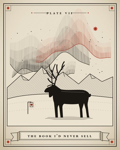 Engraved plate: a reindeer on the snow under curtains of northern lights, a lantern glowing red.