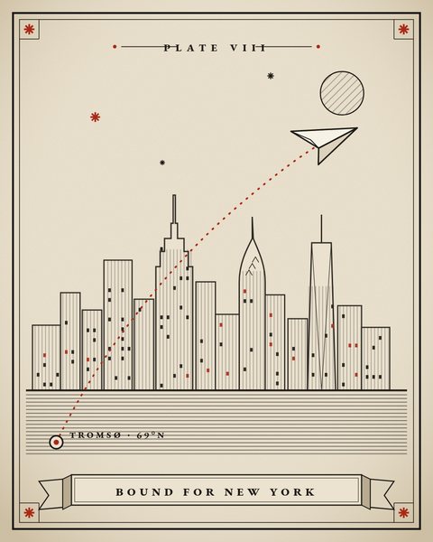 Engraved plate: the New York skyline, a paper plane on a dotted flight path from Tromsø, 69° north.